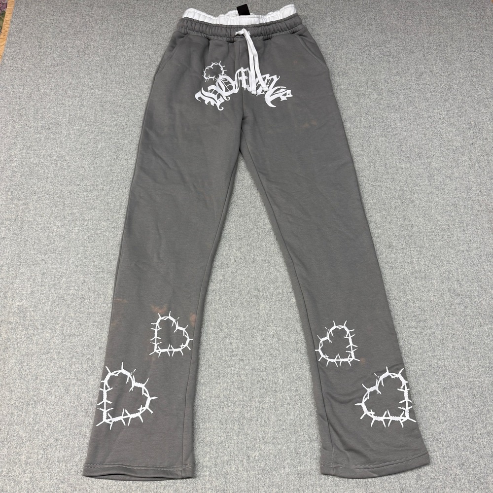 Boohoo MAN Sweatpants Medium Gray Graphic Barbed Wire Heart Double Waist Joggers